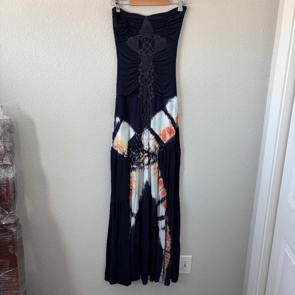 Sky Y2K Maxi Dress M Crochet Ruched Bodice Navy Abstract Art Strapless Long